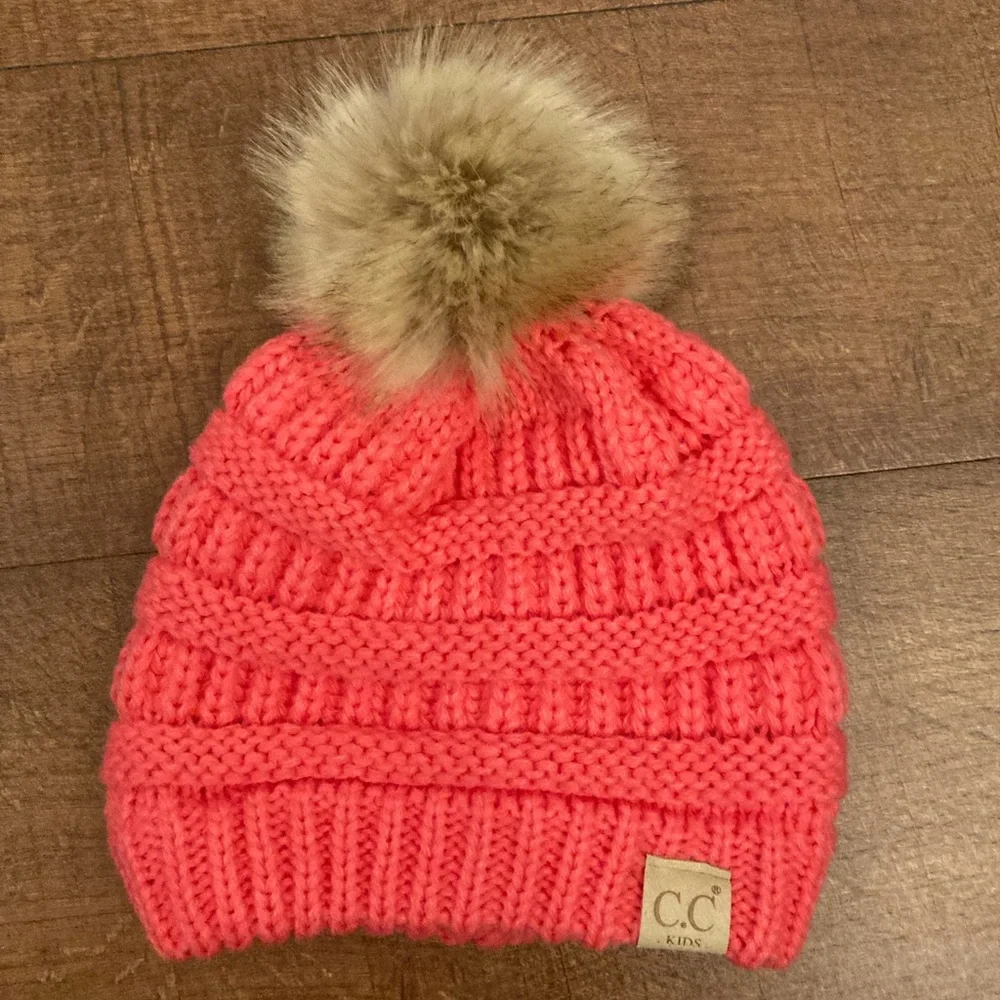 C.C Kids Pink Knit Beanie with Faux Fur Pom